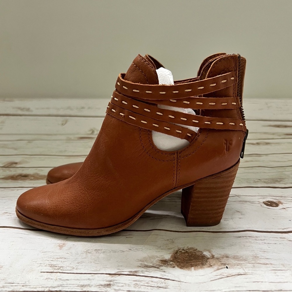 Frye Ankle Boots Cognac Brown Whipstitch Strap Leather Block Heel 7B